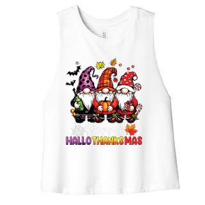 Happy Hallothanksmas Gnomes Lover Halloween Merry Christmas Women's Racerback Cropped Tank