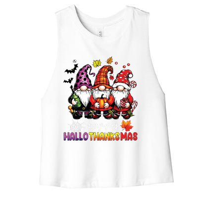 Happy Hallothanksmas Gnomes Lover Halloween Merry Christmas Women's Racerback Cropped Tank