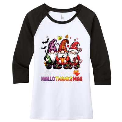 Happy Hallothanksmas Gnomes Lover Halloween Merry Christmas Women's Tri-Blend 3/4-Sleeve Raglan Shirt