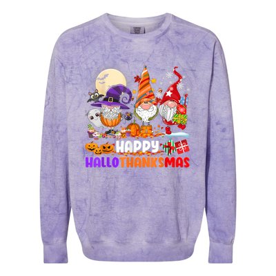 Happy Hallothanksmas Gnomes Halloween Thanksgiving Christmas Colorblast Crewneck Sweatshirt