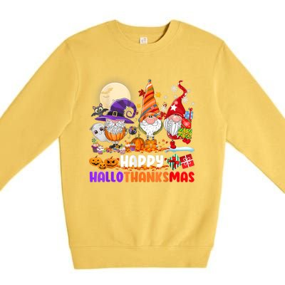 Happy Hallothanksmas Gnomes Halloween Thanksgiving Christmas Premium Crewneck Sweatshirt