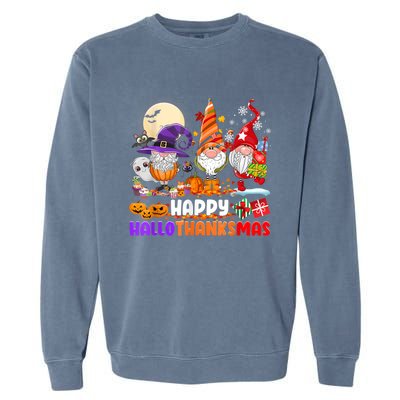 Happy Hallothanksmas Gnomes Halloween Thanksgiving Christmas Garment-Dyed Sweatshirt