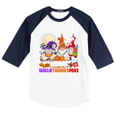 Happy Hallothanksmas Gnomes Halloween Thanksgiving Christmas Baseball Sleeve Shirt