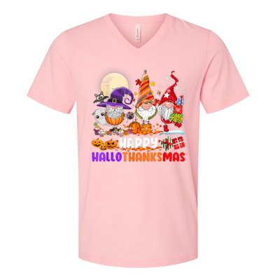 Happy Hallothanksmas Gnomes Halloween Thanksgiving Christmas V-Neck T-Shirt