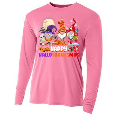 Happy Hallothanksmas Gnomes Halloween Thanksgiving Christmas Cooling Performance Long Sleeve Crew