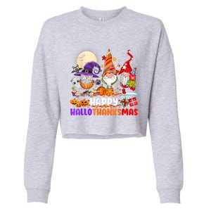 Happy Hallothanksmas Gnomes Halloween Thanksgiving Christmas Cropped Pullover Crew