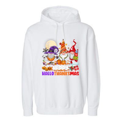 Happy Hallothanksmas Gnomes Halloween Thanksgiving Christmas Garment-Dyed Fleece Hoodie