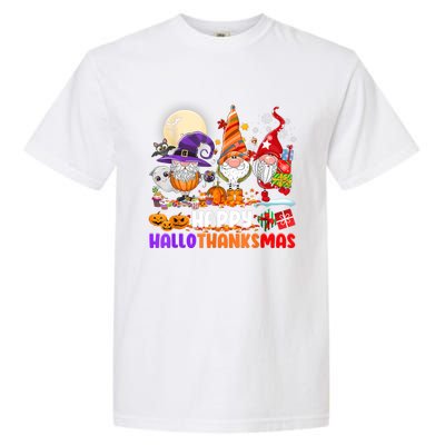 Happy Hallothanksmas Gnomes Halloween Thanksgiving Christmas Garment-Dyed Heavyweight T-Shirt