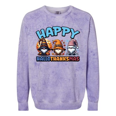 Happy Hallothanksmas Gnome Halloween Thanksgiving Christmas Gift Colorblast Crewneck Sweatshirt