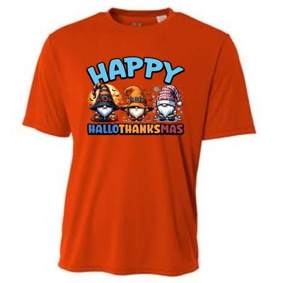 Happy Hallothanksmas Gnome Halloween Thanksgiving Christmas Gift Cooling Performance Crew T-Shirt