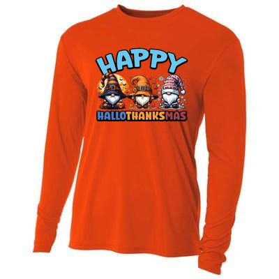 Happy Hallothanksmas Gnome Halloween Thanksgiving Christmas Gift Cooling Performance Long Sleeve Crew