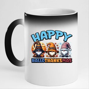 Happy Hallothanksmas Gnome Halloween Thanksgiving Christmas Gift 11oz Black Color Changing Mug