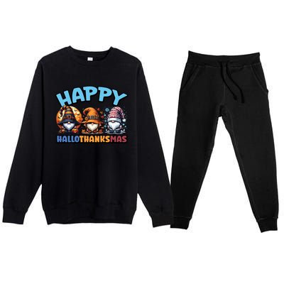 Happy Hallothanksmas Gnome Halloween Thanksgiving Christmas Gift Premium Crewneck Sweatsuit Set