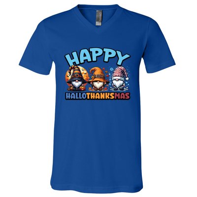 Happy Hallothanksmas Gnome Halloween Thanksgiving Christmas Gift V-Neck T-Shirt