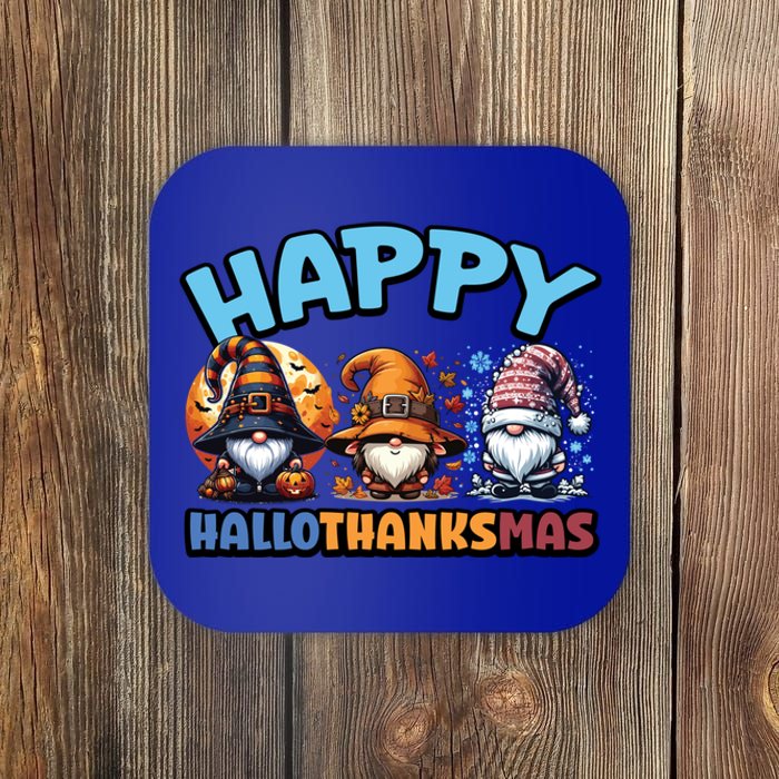 Happy Hallothanksmas Gnome Halloween Thanksgiving Christmas Gift Coaster