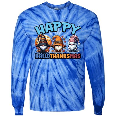 Happy Hallothanksmas Gnome Halloween Thanksgiving Christmas Gift Tie-Dye Long Sleeve Shirt