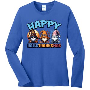 Happy Hallothanksmas Gnome Halloween Thanksgiving Christmas Gift Ladies Long Sleeve Shirt