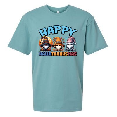 Happy Hallothanksmas Gnome Halloween Thanksgiving Christmas Gift Sueded Cloud Jersey T-Shirt