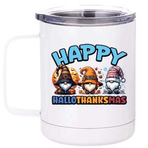 Happy Hallothanksmas Gnome Halloween Thanksgiving Christmas Gift 12 oz Stainless Steel Tumbler Cup