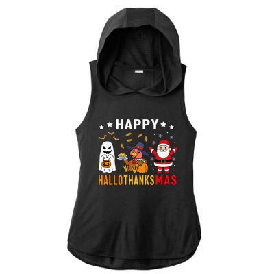 Happy Hallothanksmas Ghost Turkey Pumpkin Christmas Santa Ladies PosiCharge Tri-Blend Wicking Draft Hoodie Tank