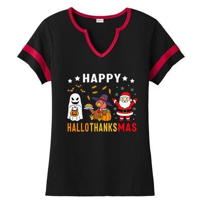 Happy Hallothanksmas Ghost Turkey Pumpkin Christmas Santa Ladies Halftime Notch Neck Tee