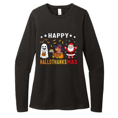 Happy Hallothanksmas Ghost Turkey Pumpkin Christmas Santa Womens CVC Long Sleeve Shirt