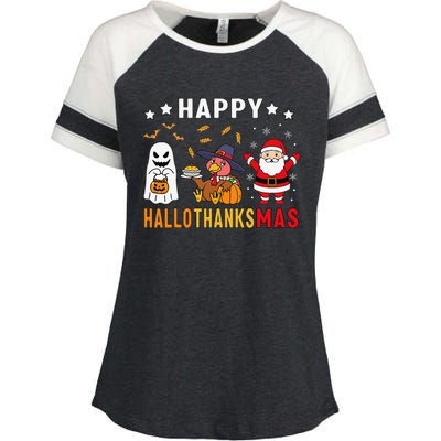 Happy Hallothanksmas Ghost Turkey Pumpkin Christmas Santa Enza Ladies Jersey Colorblock Tee