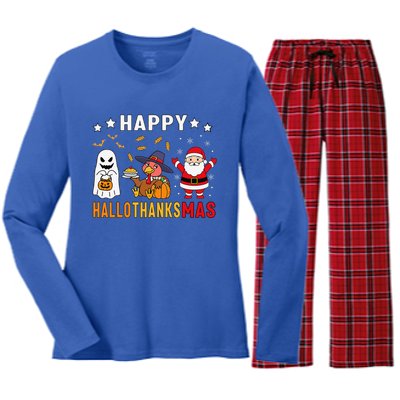 Happy Hallothanksmas Ghost Turkey Pumpkin Christmas Santa Women's Long Sleeve Flannel Pajama Set 