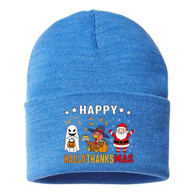 Happy Hallothanksmas Ghost Turkey Pumpkin Christmas Santa Sustainable Knit Beanie