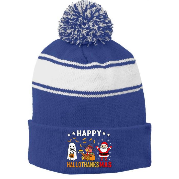 Happy Hallothanksmas Ghost Turkey Pumpkin Christmas Santa Stripe Pom Pom Beanie