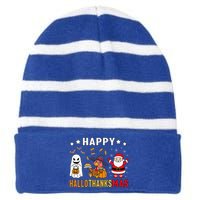 Happy Hallothanksmas Ghost Turkey Pumpkin Christmas Santa Striped Beanie with Solid Band