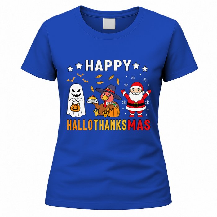 Happy Hallothanksmas Ghost Turkey Pumpkin Christmas Santa Women's T-Shirt