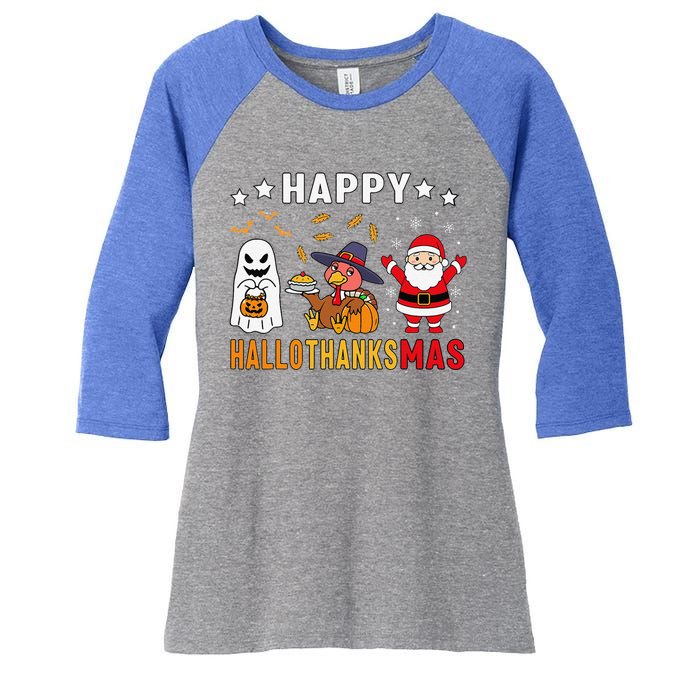 Happy Hallothanksmas Ghost Turkey Pumpkin Christmas Santa Women's Tri-Blend 3/4-Sleeve Raglan Shirt