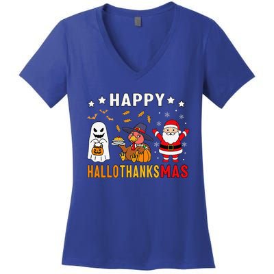 Happy Hallothanksmas Ghost Turkey Pumpkin Christmas Santa Women's V-Neck T-Shirt