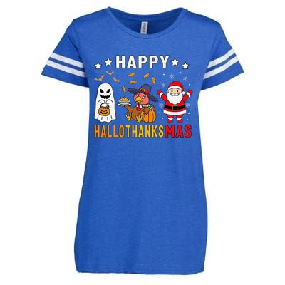 Happy Hallothanksmas Ghost Turkey Pumpkin Christmas Santa Enza Ladies Jersey Football T-Shirt