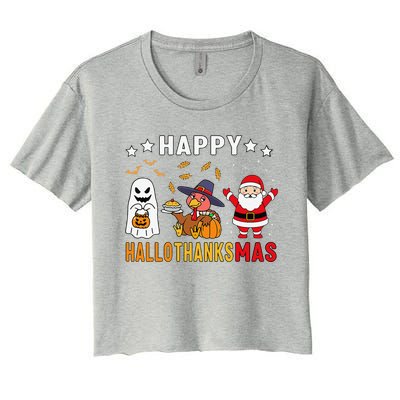 Happy Hallothanksmas Ghost Turkey Pumpkin Christmas Santa Women's Crop Top Tee