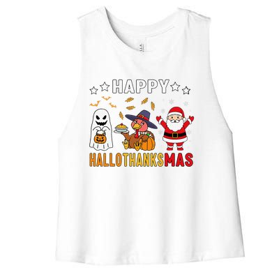 Happy Hallothanksmas Ghost Turkey Pumpkin Christmas Santa Women's Racerback Cropped Tank