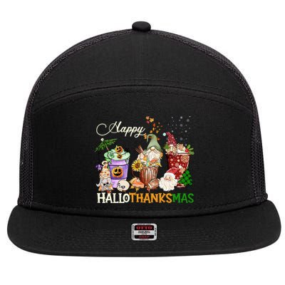 Happy Hallothanksmas Gnome Merry Christmas Thanksgiving Gift 7 Panel Mesh Trucker Snapback Hat