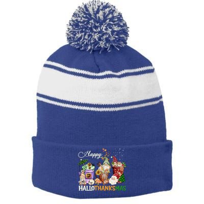 Happy Hallothanksmas Gnome Merry Christmas Thanksgiving Gift Stripe Pom Pom Beanie