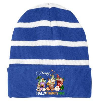 Happy Hallothanksmas Gnome Merry Christmas Thanksgiving Gift Striped Beanie with Solid Band