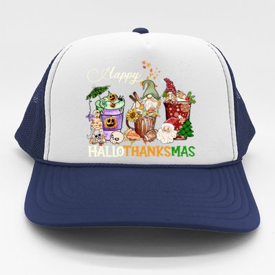 Happy Hallothanksmas Gnome Merry Christmas Thanksgiving Gift Trucker Hat