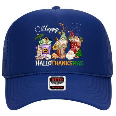 Happy Hallothanksmas Gnome Merry Christmas Thanksgiving Gift High Crown Mesh Back Trucker Hat