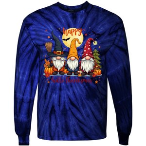 Happy Hallothanksmas Gnome Halloween Thanksgiving Christmas Tie-Dye Long Sleeve Shirt