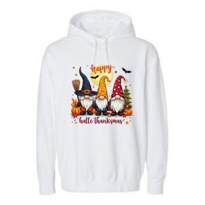 Happy Hallothanksmas Gnome Halloween Thanksgiving Christmas Garment-Dyed Fleece Hoodie