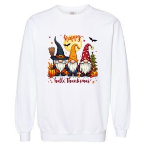 Happy Hallothanksmas Gnome Halloween Thanksgiving Christmas Garment-Dyed Sweatshirt