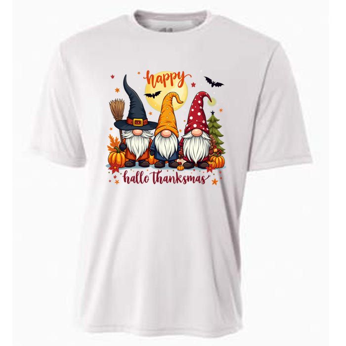 Happy Hallothanksmas Gnome Halloween Thanksgiving Christmas Cooling Performance Crew T-Shirt