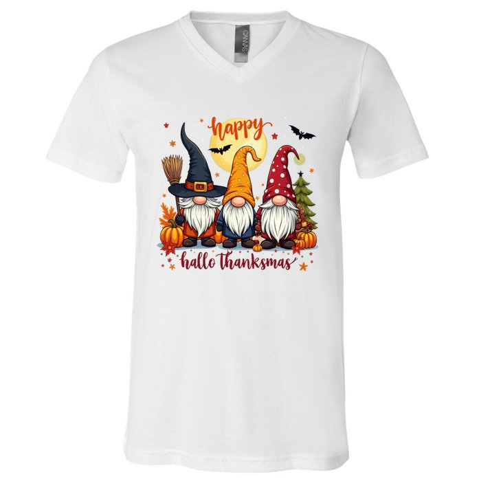 Happy Hallothanksmas Gnome Halloween Thanksgiving Christmas V-Neck T-Shirt