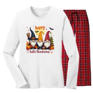 Happy Hallothanksmas Gnome Halloween Thanksgiving Christmas Women's Long Sleeve Flannel Pajama Set 