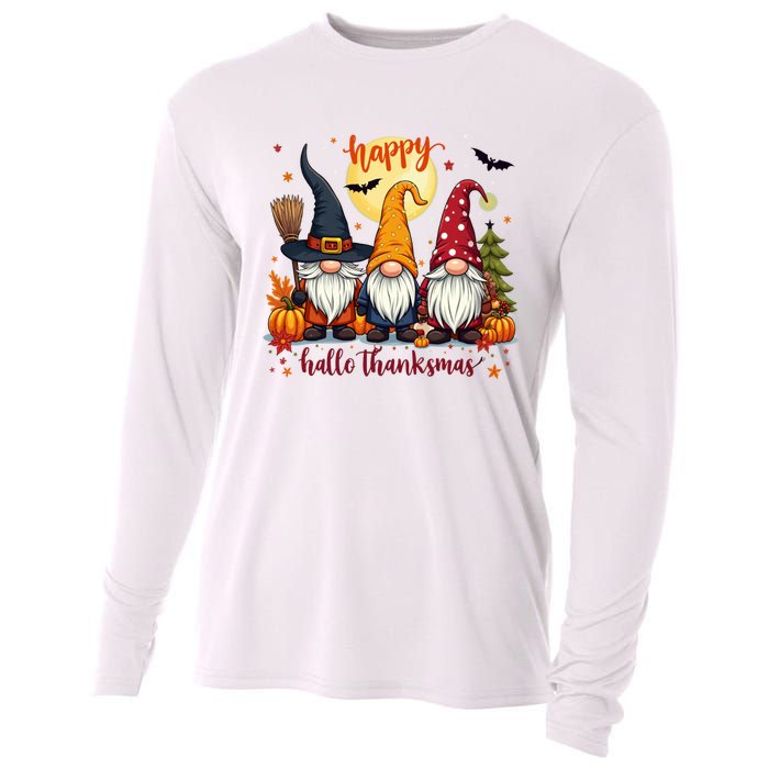 Happy Hallothanksmas Gnome Halloween Thanksgiving Christmas Cooling Performance Long Sleeve Crew