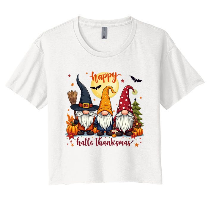 Happy Hallothanksmas Gnome Halloween Thanksgiving Christmas Women's Crop Top Tee